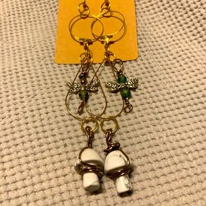 Marble mushroom and dragonfly dangle earrings handmade new